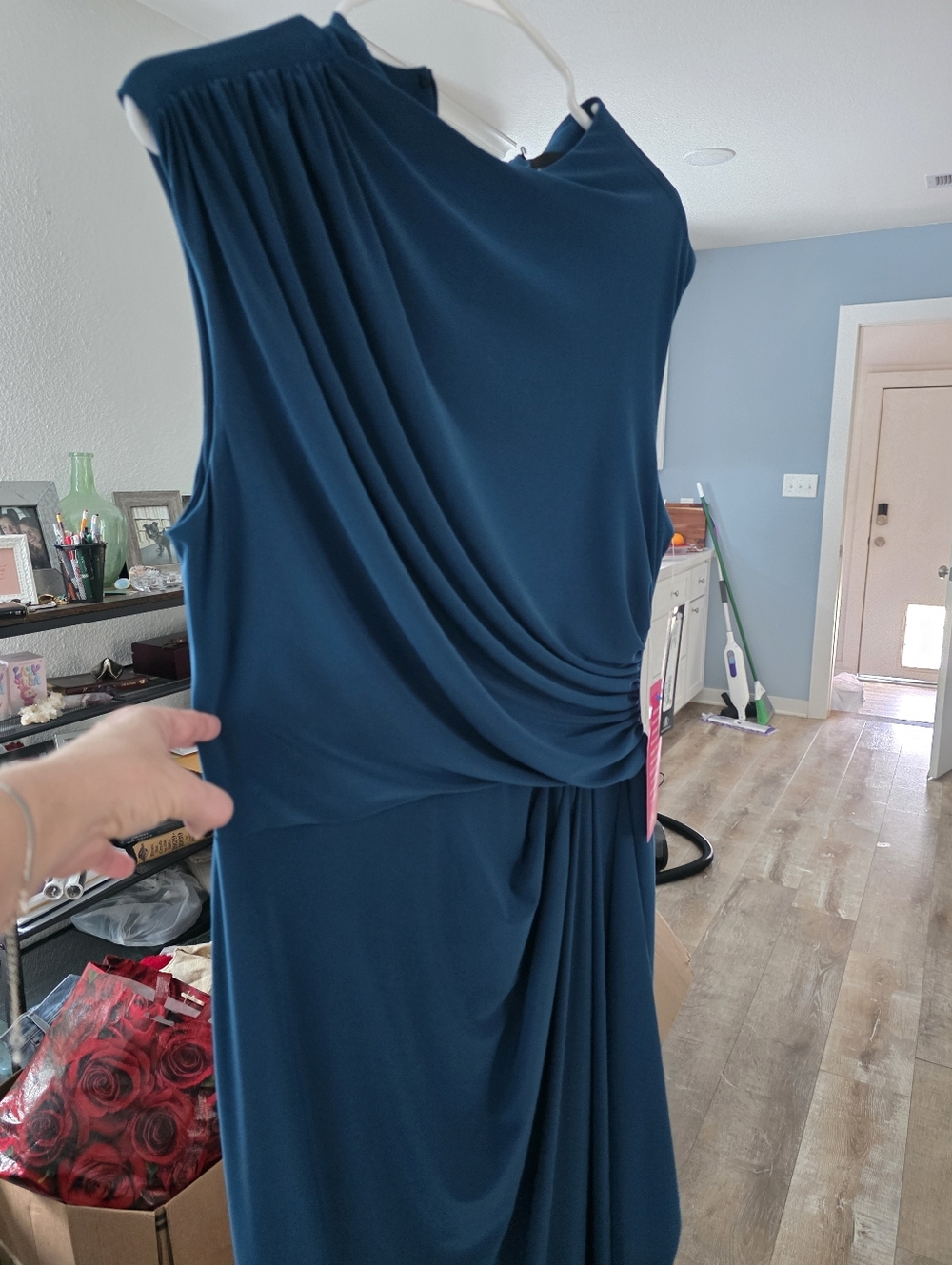 Boutique Elegant Dark Teal Draped Evening Gown - Size 12 - New
